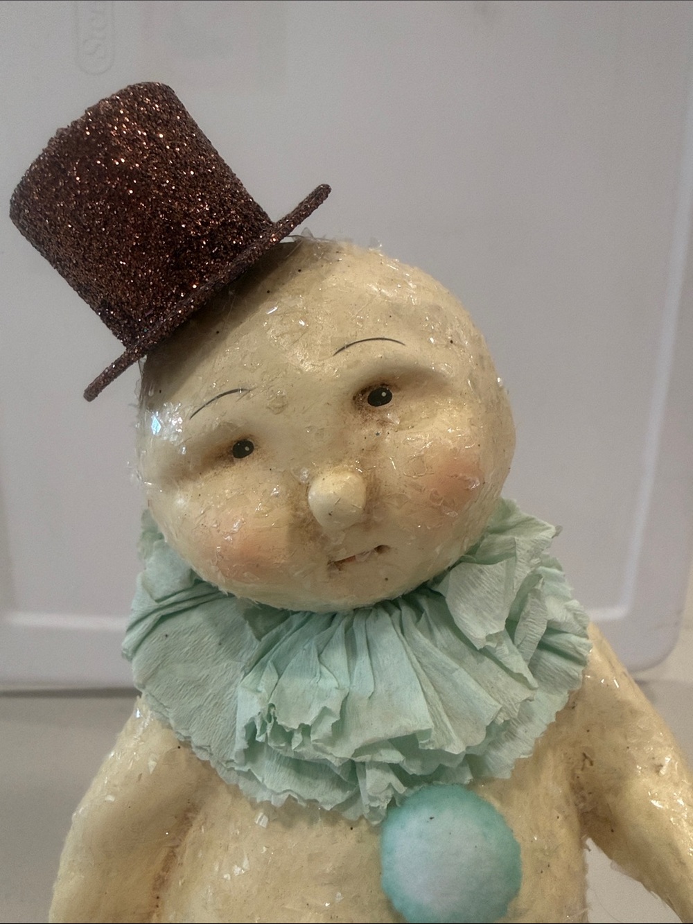 Handcrafted Cream Snowman Figurine with Mint Accents and Hat by Bethany Lowe - Picture 2 of 7